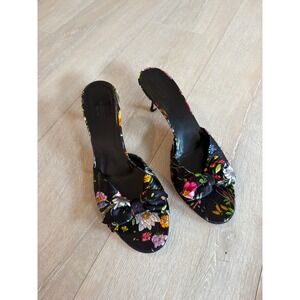 Gucci Flora Print Silk Kitten Heel Mules Black Floral Bow Slides 9.5B Italy